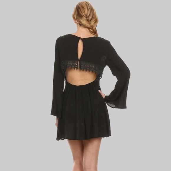 Bell Sleeve Backless Crochet Lace Trim Dress Black - Picture 4 of 6
